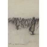 Figures gathered in a landscape, indistinctly signed, charcoal and wash drawing, 7" x 5"