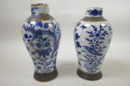 Two similar C19th Chinese blue and white crackleware vases; underglaze blue decoration, on one