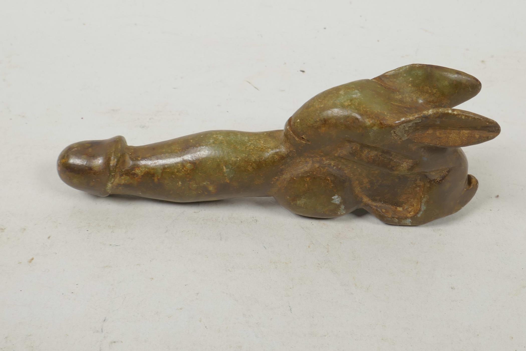 A carved hardstone phallic ornament with stylised rabbit base, 5" long - Image 3 of 3