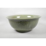 A large Song style celadon glazed crackleware bowl, 16½" diameter