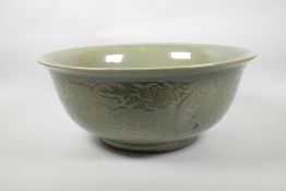 A large Song style celadon glazed crackleware bowl, 16½" diameter