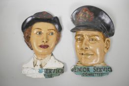 A pair of 'Senior Service Cigarettes' plaster advertising plaques in the form of portraits of a lady