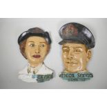 A pair of 'Senior Service Cigarettes' plaster advertising plaques in the form of portraits of a lady