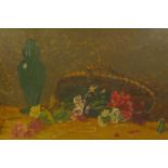 M. Butterworth, still life with a basket of flowers, signed, early C20th, oil on canvas, 30" x 12"