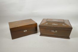 A C19th rosewood and mother of pearl inlaid sarcophagus shaped jewellery box, and another C19th