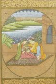 Indian watercolour with gilt highlights, a courting couple on a terrace, probably an illustration