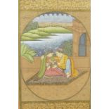 Indian watercolour with gilt highlights, a courting couple on a terrace, probably an illustration