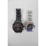A gentleman's Naviforce black stainless steel digital/analogue wristwatch, and another gentleman's