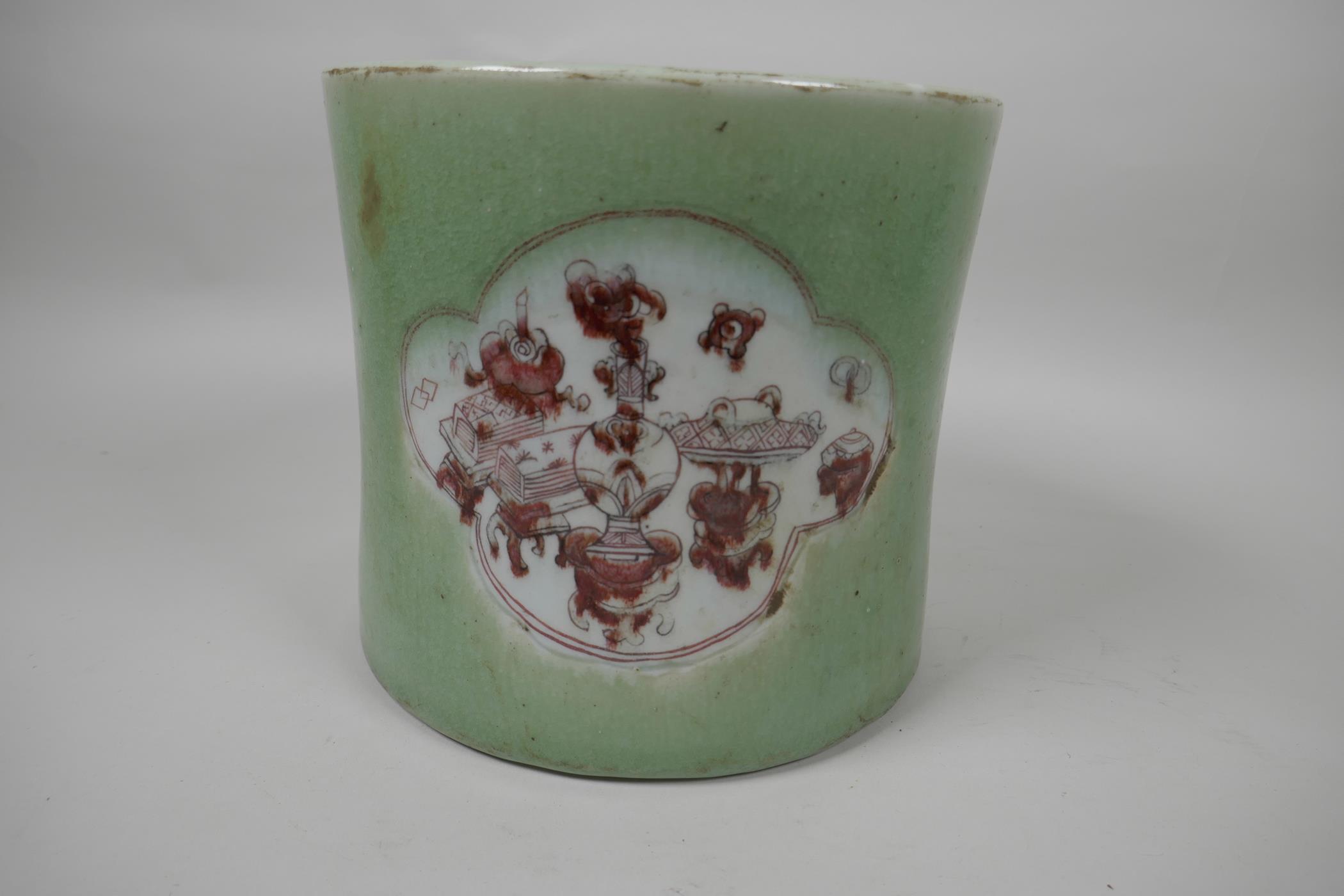 A Chinese porcelain brush pot decorated with panels in puce on a green glaze, 7½" diameter - Image 2 of 4