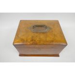 A C19th burr walnut jewellery box with fall front and single drawer, and inset brass carry handle,