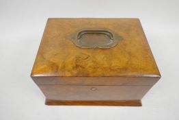 A C19th burr walnut jewellery box with fall front and single drawer, and inset brass carry handle,