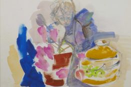 Abstract study of a figure with pots, signed Kinley, mixed media, 11½" x 15½"