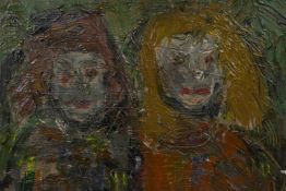 In the manner of Joan Eardley, two girls, impasto portrait on board, unframed, 24" x 20"