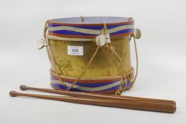 A vintage military brass bandsman's drum, with royal crest, 9" diameter, 7" high