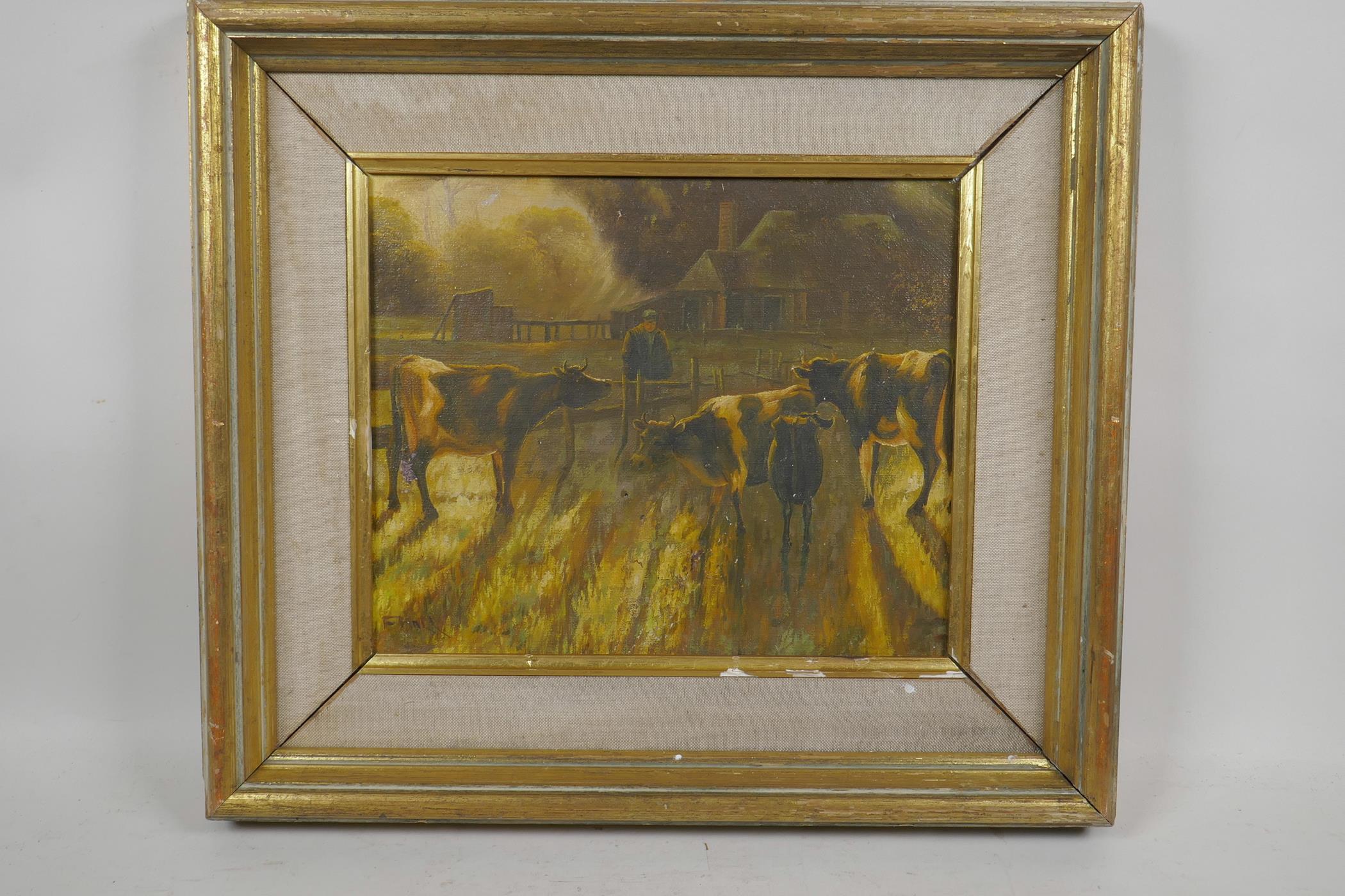 Autumnal landscape with cattle and drover, signed F. Hall, oil on canvas laid on board, 11" x 9½" - Image 2 of 4
