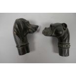 Two bronze walking stick handles cast as dogs' heads, 3" long