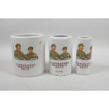 Three Chinese porcelain brush pots with decoration of Chairman Mao, inscription verso, 5" high x 4½"