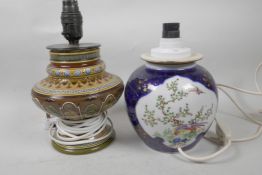 A Mettlach pottery lamp base, 9½" high, and a bulbous Oriental porcelain lamp base, 8½"