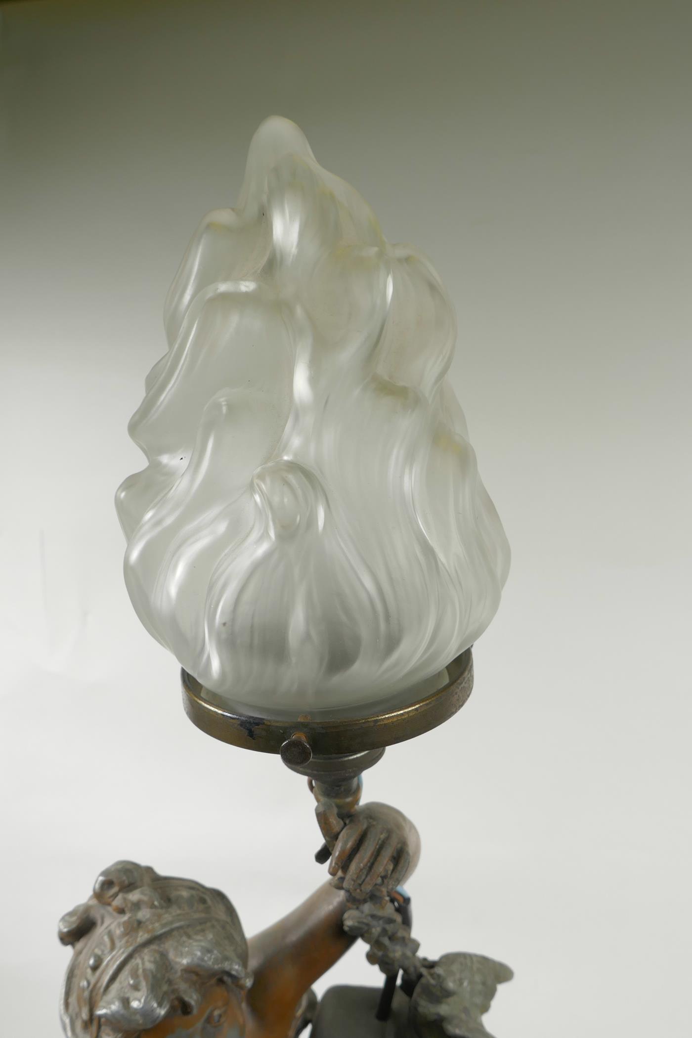 An Art Nouveau spelter lamp in the form of a lady standing by a column, after Moreau, titled ' - Image 3 of 4