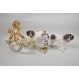 A pottery rocking horse, 10½" long, two ceramic models of dogs and a Continental porcelain match