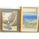 A Japanese woodblock print of a scribe and travellers on a mountain road, 7¼" x 10", together with