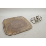 A square presentation hallmarked silver tray and a hallmarked silver toast rack, gross 784g