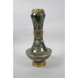 An olive green drip glazed pottery vase with ormolu mounts and details, 13" high