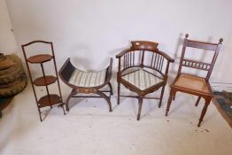 An Edwardian inlaid mahogany corner chair together with an Edwardian inlaid mahogany cross frame