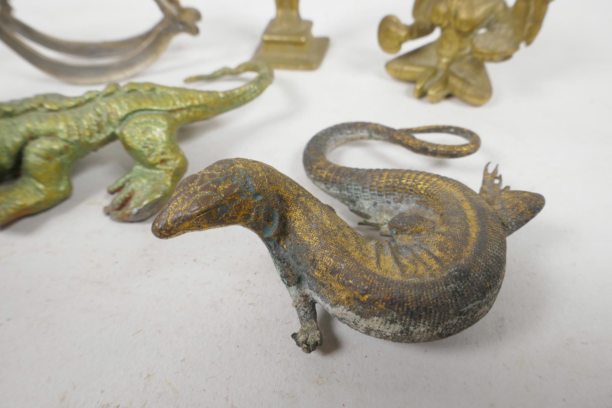 Six small bronze figures, a salamander, 3" long, a dragon lizard, two rocking horses and two - Image 2 of 3