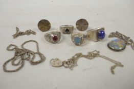 A collection of silver costume jewellery including rings, cuff links, pendant etc