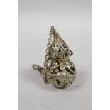 A Chinese white metal incense holder in the form of a double gourd flask with pierced carp