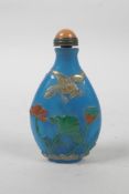 A Chinese Peking glass snuff bottle with raised and painted decoration of birds and flowers, 2