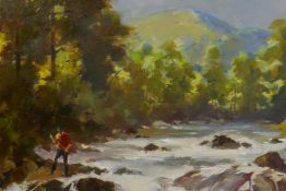 River landscape with fisherman, Canadian School, oil on board, 15½" x 19½"