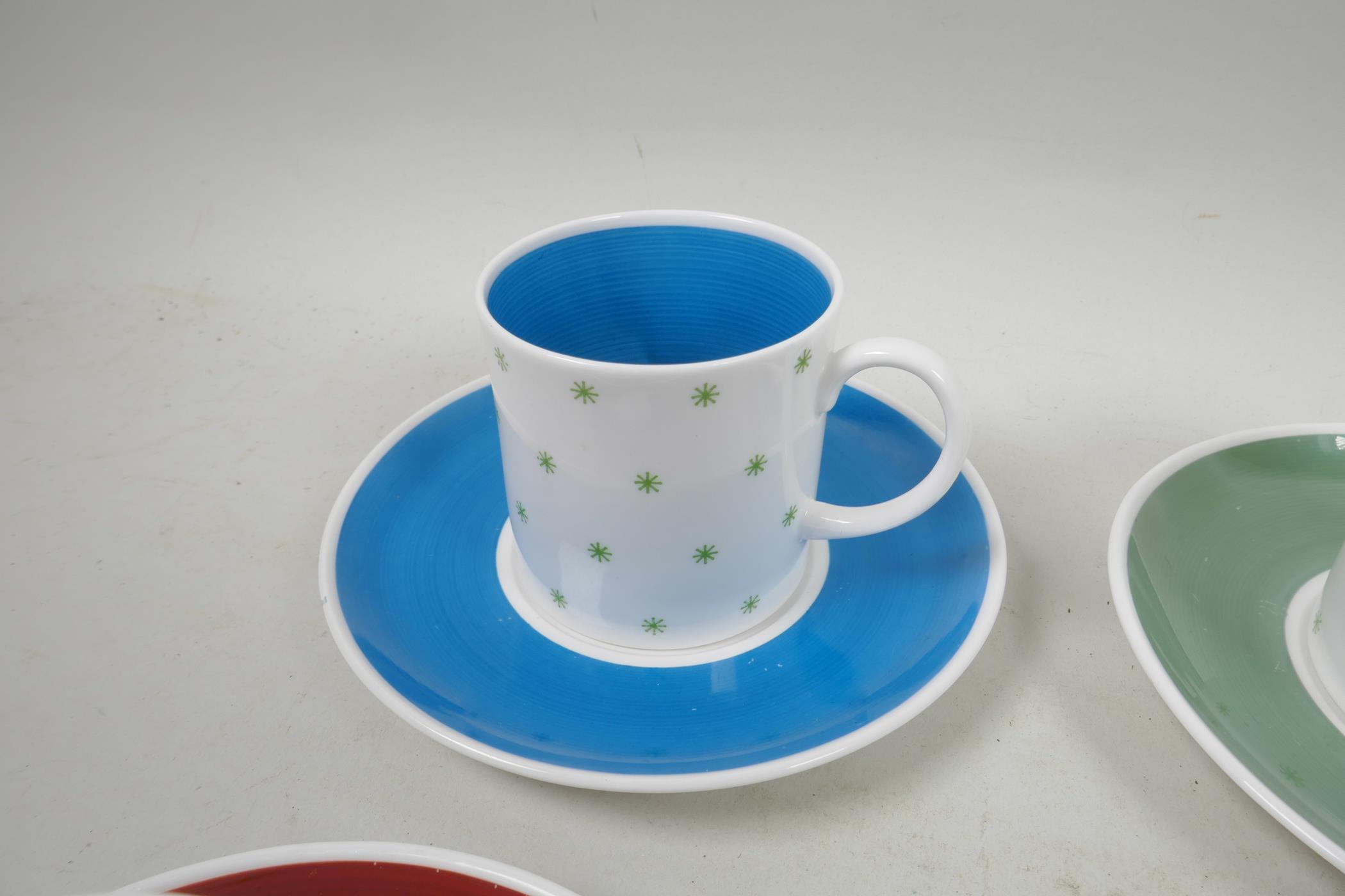 A Susie Cooper six cup and saucer coffee set with green star decoration, A/F, 5½" diameter - Image 3 of 9