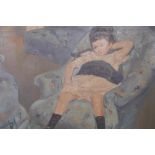 After Edward Le Bas, little girl in a blue armchair, oil on canvas board, 22" x 28"