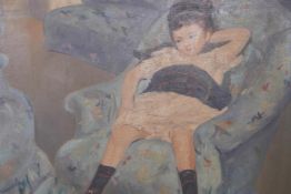 After Edward Le Bas, little girl in a blue armchair, oil on canvas board, 22" x 28"