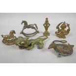 Six small bronze figures, a salamander, 3" long, a dragon lizard, two rocking horses and two
