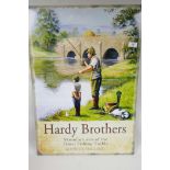 A replica metal advertising sign for Hardy Bros fishing equipment, 20" x 27½"