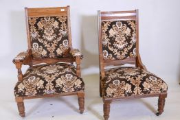 An Edwardian walnut salon chairs and matching armchair, raised on turned supports