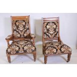 An Edwardian walnut salon chairs and matching armchair, raised on turned supports