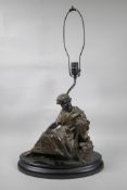 A spelter lamp in the form of the poet Horace seated on a chair, 26" high