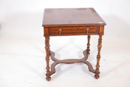 A marquetry inlaid burr walnut single drawer side table, raised on turned supports, united by shaped