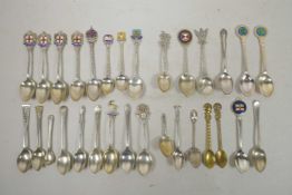 A collection of hallmarked silver and silver plated and enamelled teaspoons, gross weight of