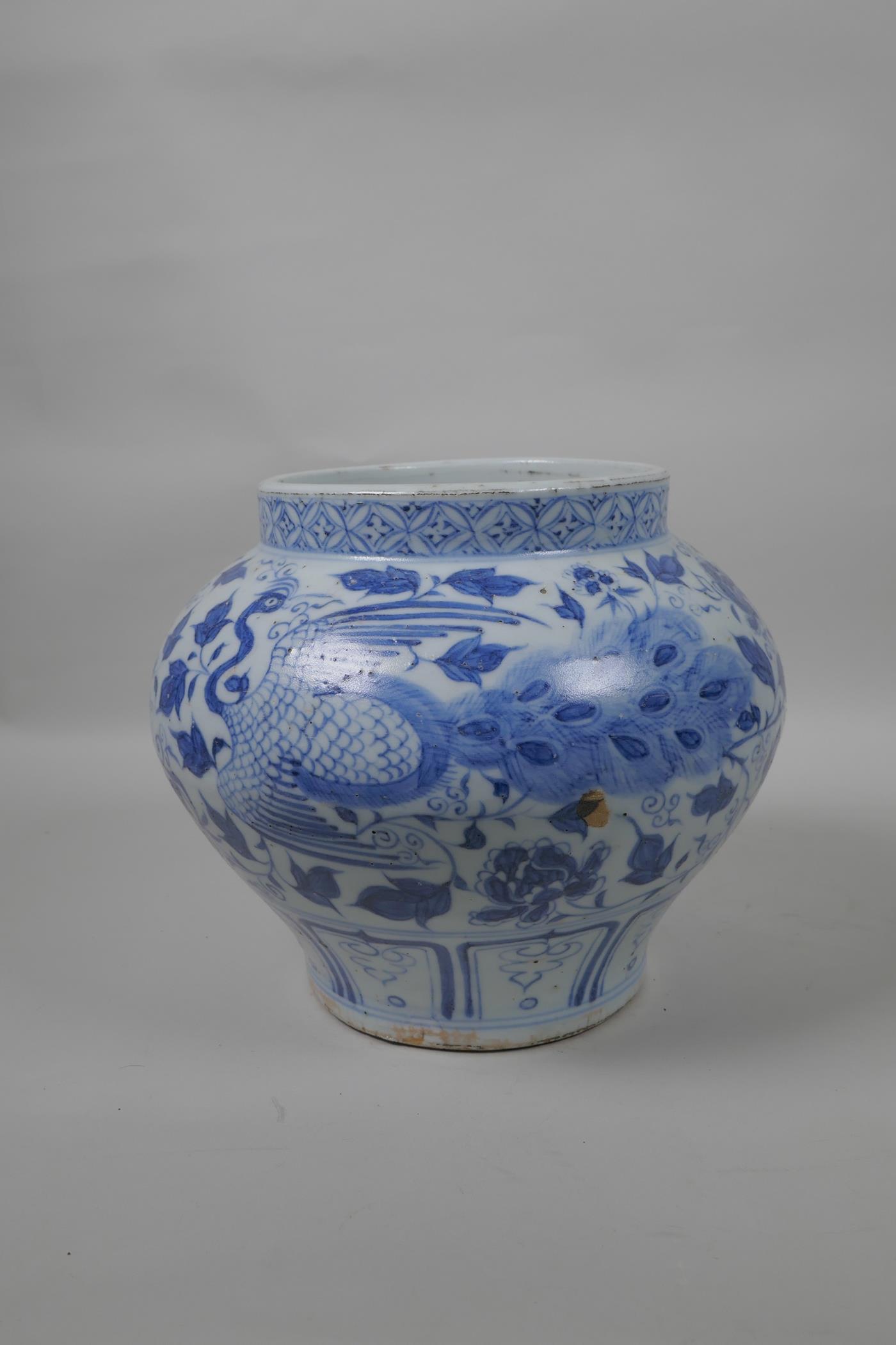 A Chinese blue and white Yuan style jar decorated with phoenix and flowers, 8" high - Image 3 of 4