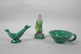 A Chinese Sancai glazed porcelain figure, together with a green glazed pottery cup/bowl and