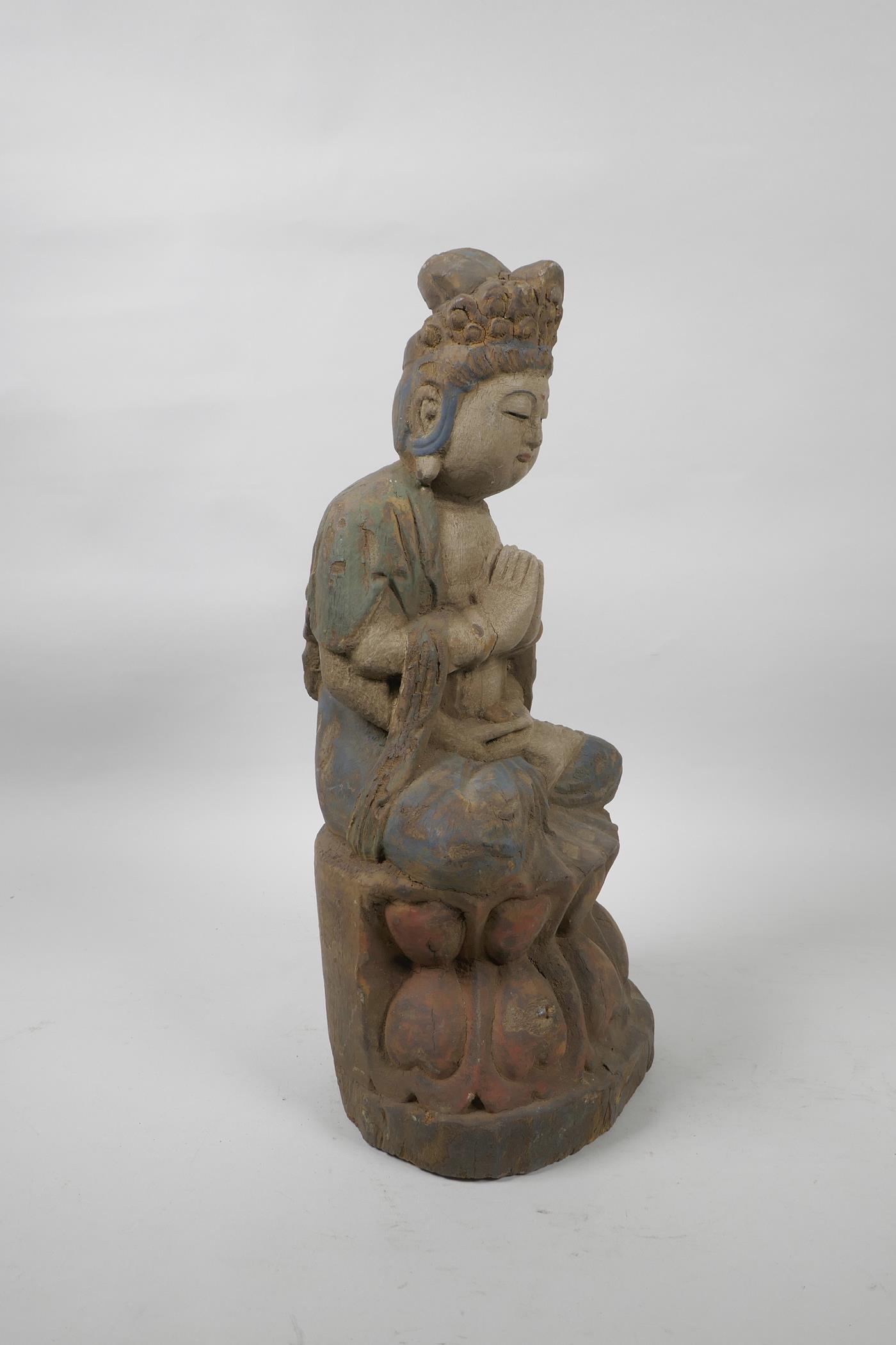 A Chinese painted and distressed carved wood Buddha seated on a lotus throne, 14½" high - Image 2 of 5