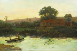 River landscape at sunset with figure punting, indistinctly signed, unframed C19th oil on canvas,