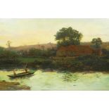 River landscape at sunset with figure punting, indistinctly signed, unframed C19th oil on canvas,