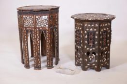 A Moorish octagonal occasional table with extensive mother of pearl inlay in geometric patterns, 21"