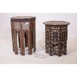 A Moorish octagonal occasional table with extensive mother of pearl inlay in geometric patterns, 21"